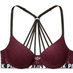 PINK Victoria's Secret Burgundy Lace Front-Close Push-Up Underwire Bra Size 36C
